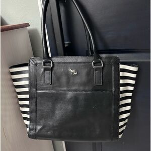 EMMA FOX Black and White Stripes Leather Shoulder Bag Tote